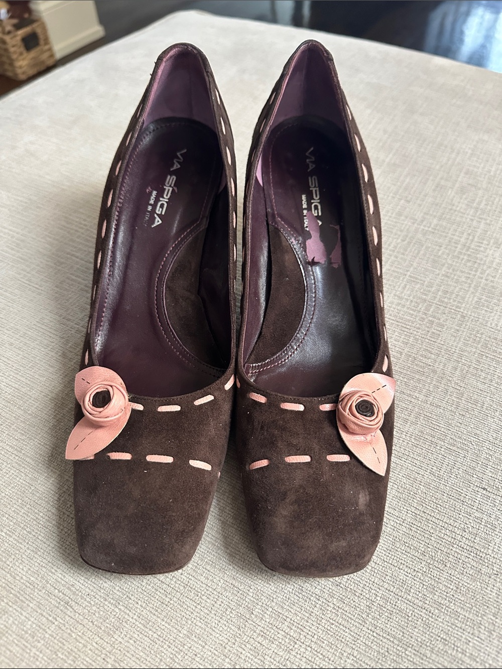 Via Spiga Brown Suede Pumps with Pink Rosette Detail
